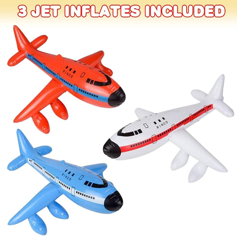 Jet Inflates, Set of 3, Inflatable Planes with Hanging Hook, Decorations for Aviation Themed Parties, 20" Long Airplane inflates, Fun Pretend Play Accessories, Red, White, and Blue