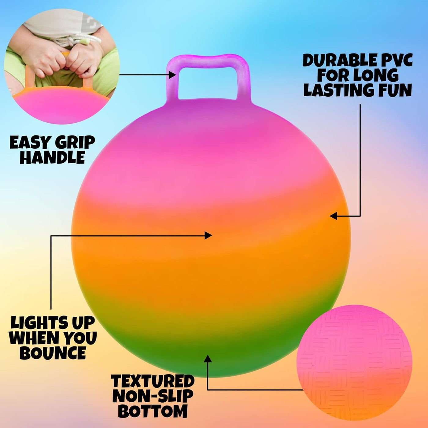Light Up Rainbow Hopper Ball with Handle, 18" Jumping Ball for Active Fun