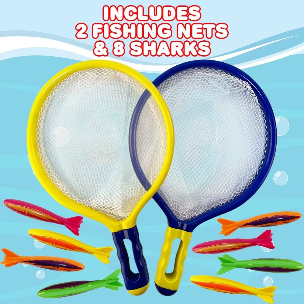 Pool Diving Game for Kids, Underwater Fishing Set with 8 Torpedo Bandits Gliding Sharks and 2 Nets, Interactive Fishing Toy for Kids with Weighted Sharks, Great Swimming and Bathtub Toys