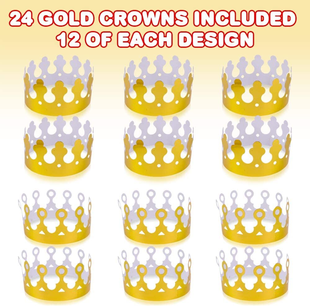 Gold Foil Birthday Party Crowns for Kids, Bulk Pack of 24, Golden Paper Birthday Hats in 2 Fun Designs, Adjustable and Reusable, Royalty Party Decorations, Crown Party Supplies