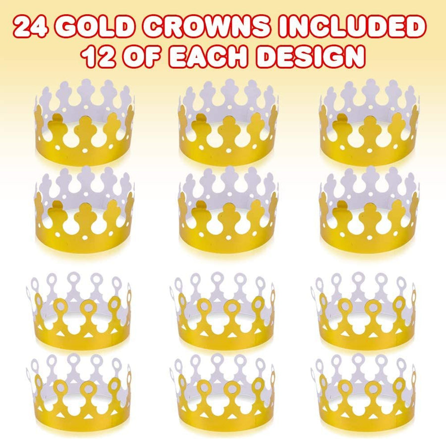 Gold Foil Birthday Party Crowns for Kids, Bulk Pack of 24, Golden Paper Birthday Hats in 2 Fun Designs, Adjustable and Reusable, Royalty Party Decorations, Crown Party Supplies