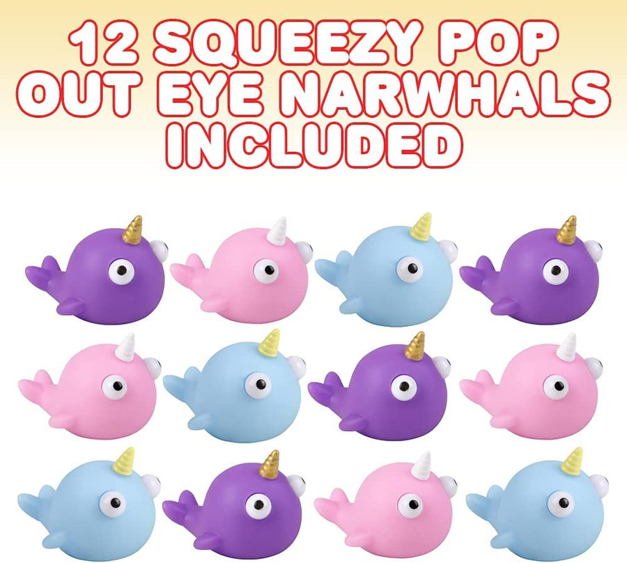 Squeezy Narwhal with Pop Out Eyes, Set of 12, Fun Squeeze Stress Relief Toys for Kids, Fun Goodie Bag Fillers, Birthday Party Favors for Boys and Girls