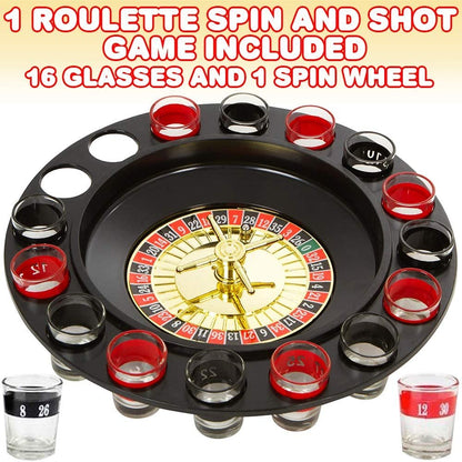 Gamie Roulette Spin and Shot Game, Fun Drinking Games for Adults, Includes 1 Game Wheel and 16 Shot Glasses, and 2 Metal Rolling Balls, Vegas Night Supplies, Great Birthday Gift