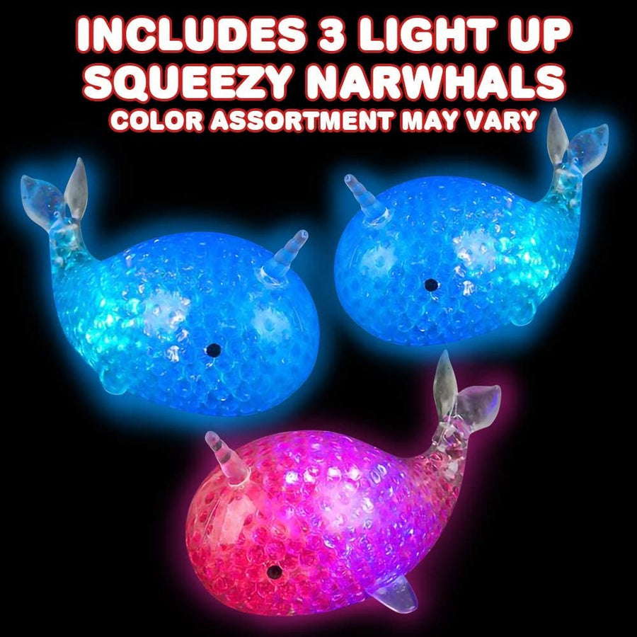 Light Up Squeezy Bead Narwhals, Set of 3, Flashing Squeezing Stress Relief Toys Filled with Water Beads, Calming Sensory Toys for Autism, ADHD, Fun Party Favors for Kids
