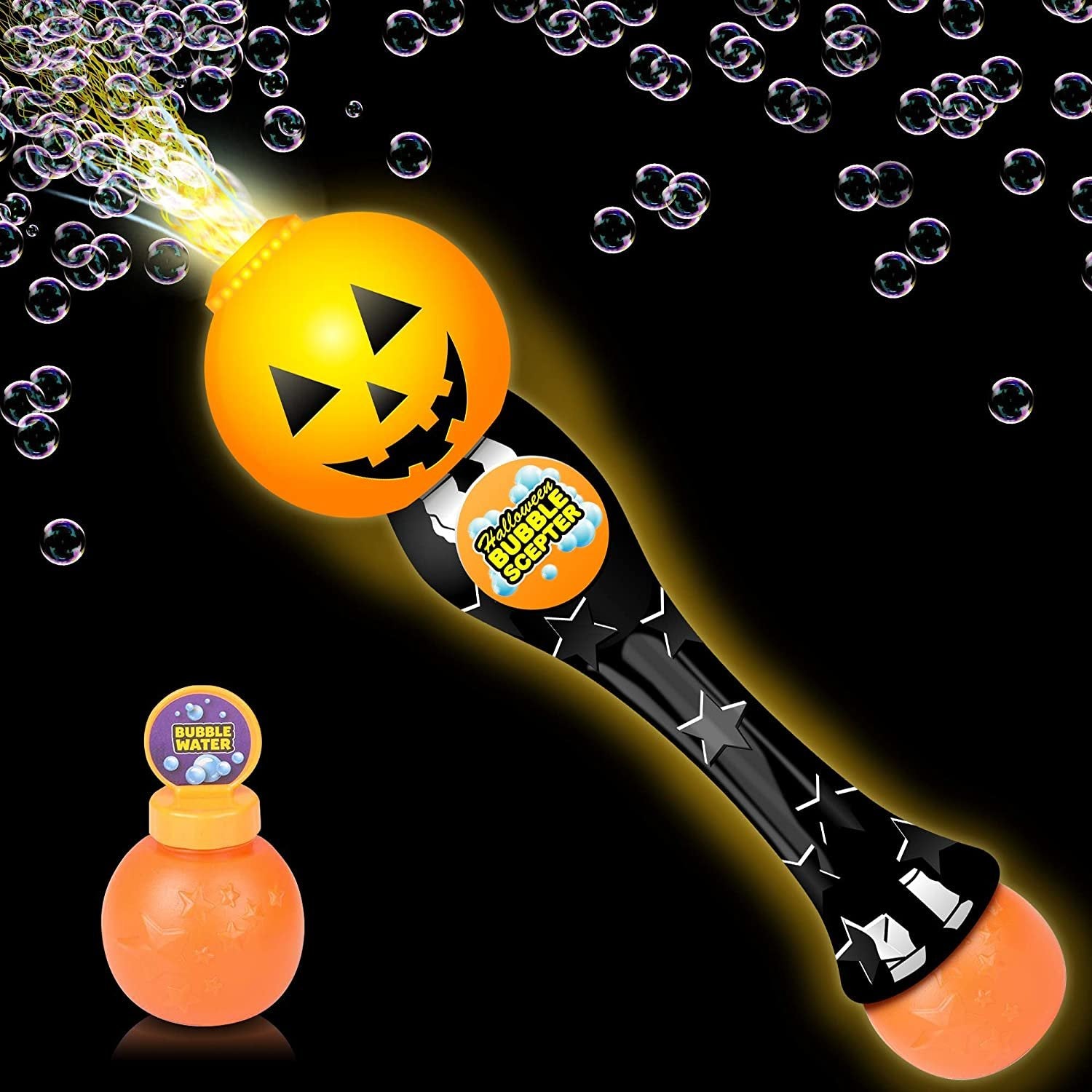 Light Up Pumpkin Bubble Blower Wand - 13.5" Illuminating Bubble Blower Wand with Thrilling LED Effect for Kids, Bubble Fluid - Batteries Included - Gift Idea, Halloween Party Favor