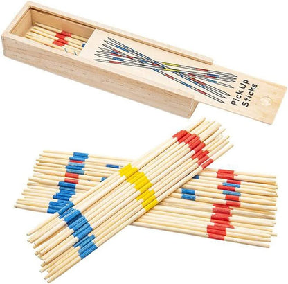 Gamie Wooden Pick Up Sticks Game, 4 Sets in Wood Boxes with Lids, Classic Pickup Sticks Game for Kids, Fun Development Learning Toys for Children, Retro Gifts and Party Favors