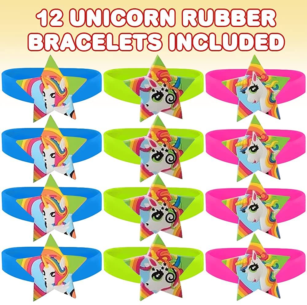 Unicorn Rubber Bracelets, Set of 12, Colorful Stretchy Rubber Wristbands for Boys and Girls, Fun Unicorn Birthday Party Favors for Children, Goodie Bag Fillers, Carnival Prize