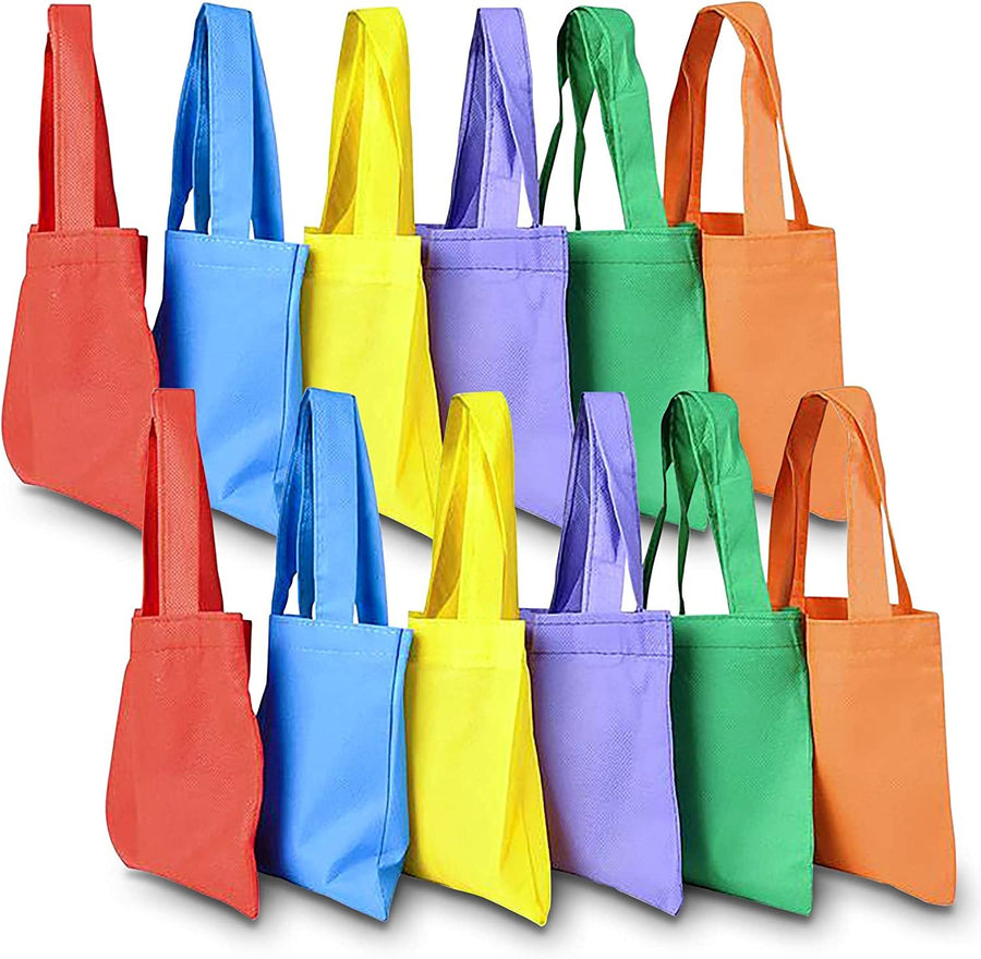 Fabric Tote Goodie Treat Bags - 12 Pack - 6" x 6" Colorful Party Favor Gift Bags for Kids - Durable and Eco-Friendly Supplies - Goody Bags for Birthday, Halloween Candy and More