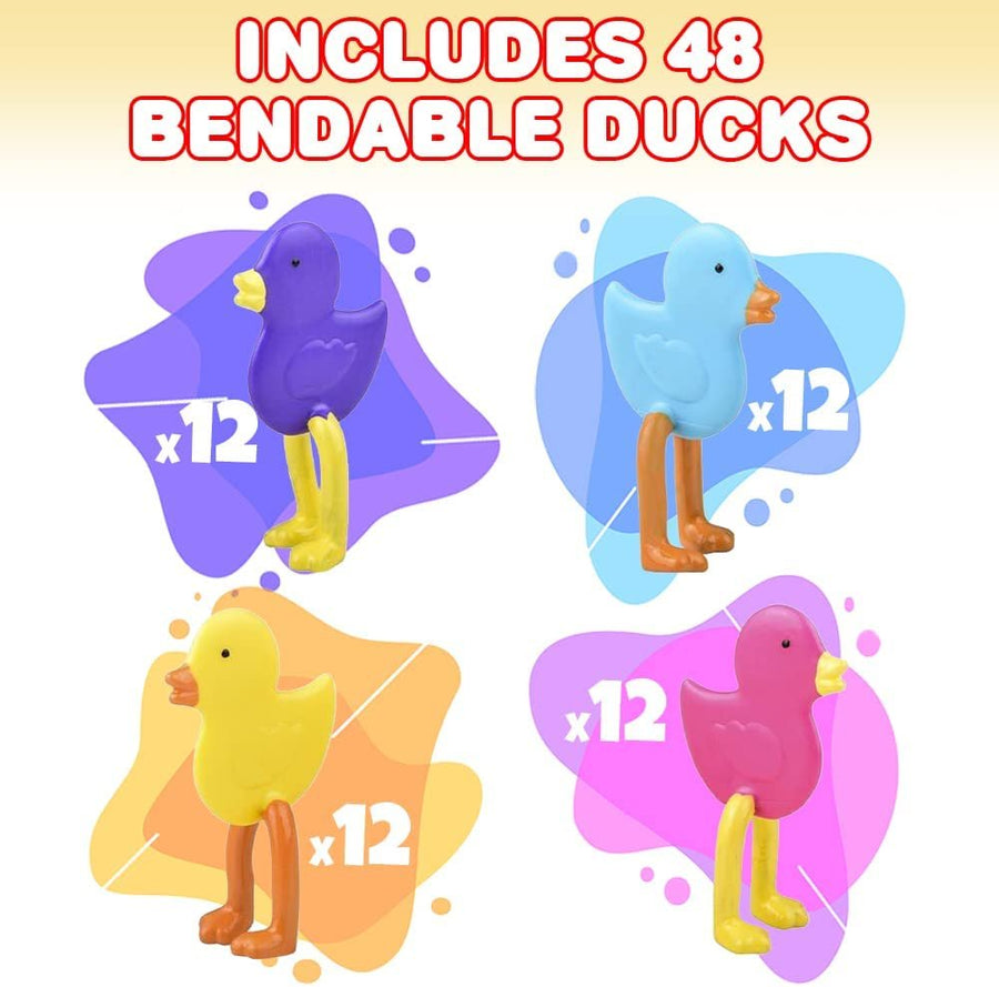 Mini Bendable Duckies, Set of 48, Fidget Ducky Toys for Kids in 4 Vibrant Colors, Fidget Toys for Kids for Stress Relief, Great as Carnival Birthday Party Favors and Pinata Stuffers
