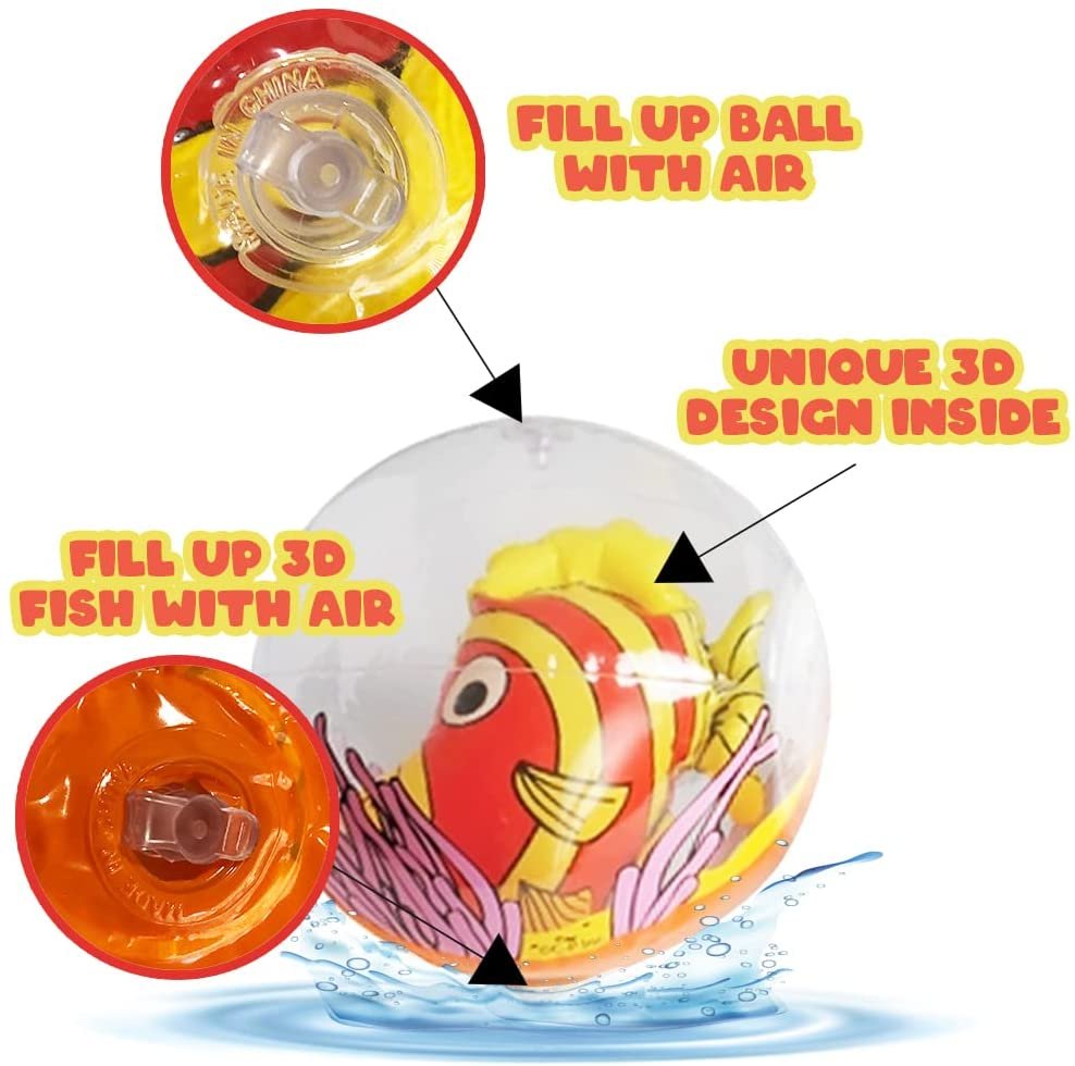 3D Fish Beach Balls for Kids, Set of 3, Clear Balls with Colorful Fish Inside, Inflatable Swimming Pool Toys and Aquatic Party Decorations, Underwater Party Supplies and Party Favors