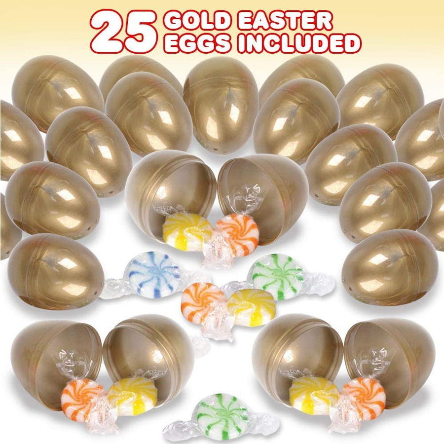 Gold Hinged Plastic Easter Eggs, Bulk Pack of 25, Golden 2.5" Empty Surprise Eggs for Toys and Candy with Hinge, Unique Egg Hunt Supplies, Easter Party Favors