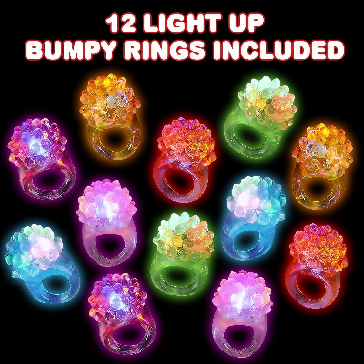 Light Up Bumpy Rings for Kids, Set of 12, Flashing Accessories for Boys and Girls in Assorted Colors, Light-Up Party Favors for Children, Goodie Bag Fillers and Stocking Stuffers