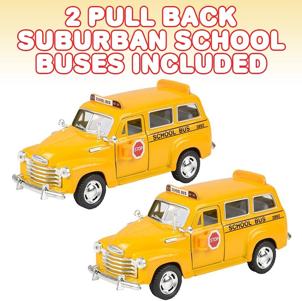 Pullback Suburban School Bus Set, Includes 2, 4.75" School Buses, Diecast Bus Playset with Pull Back Mechanisms, Great Birthday Gift Idea for Boys and Girls