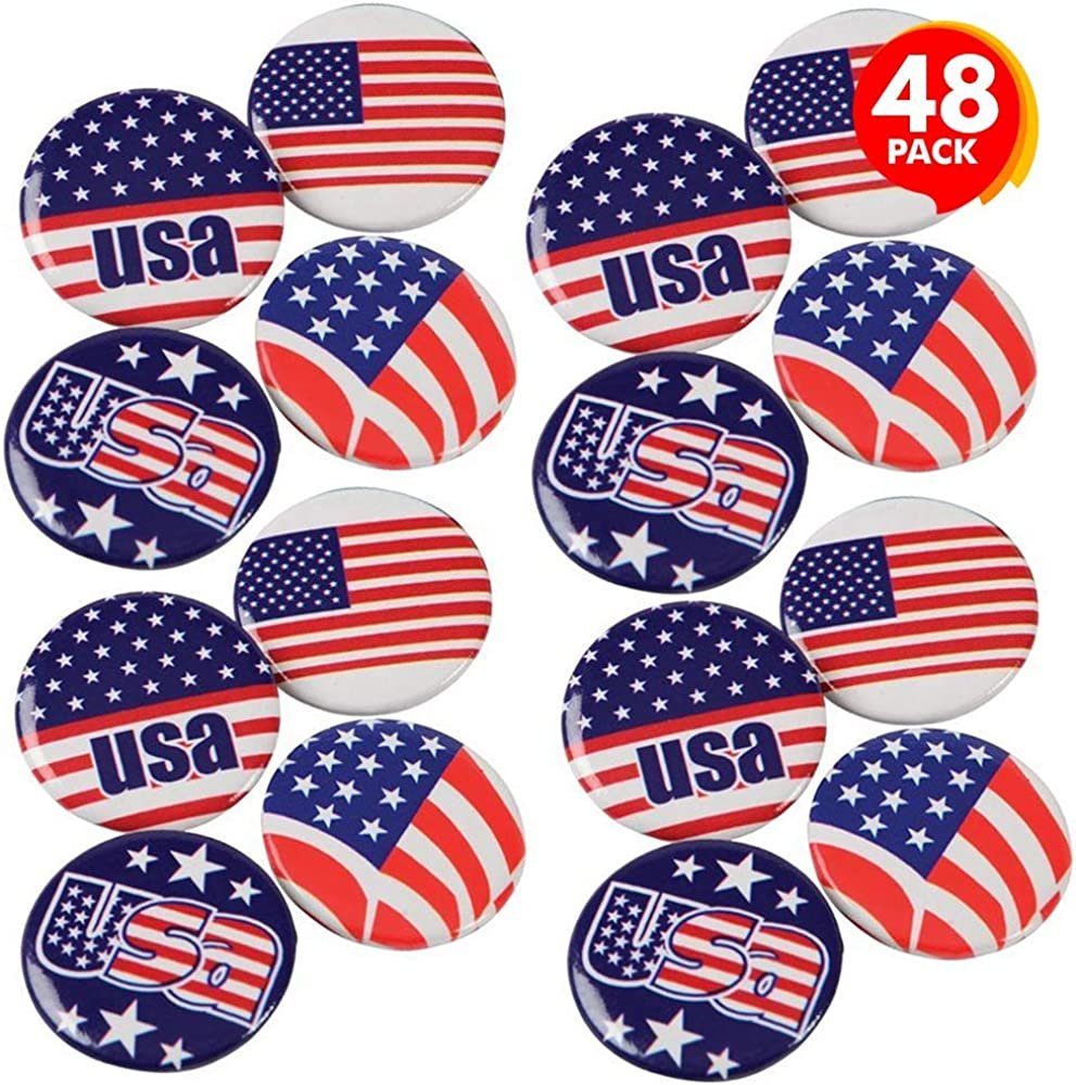 ArtCreativity Patriotic USA Button Pins, Bulk Pack of 48, July 4th Party Favors, Red, White, and Blue Patriotic Accessories, American Flag Lapel Pins for Kids and Adults, 4 Different Designs