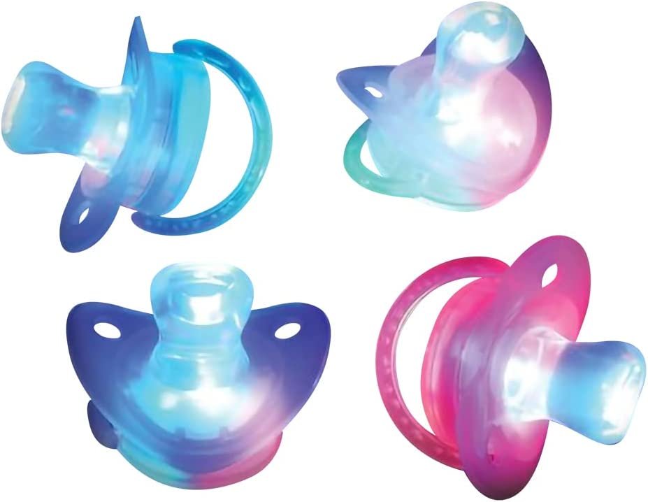 Light Up LED Pacifier Toys - Set of 4 - Flashing Rave Binkies for EDM Party and Concert - 100% Non-Toxic - Batteries Included - Gag Joke Gift - Binky Party Favors for Kids and Adults