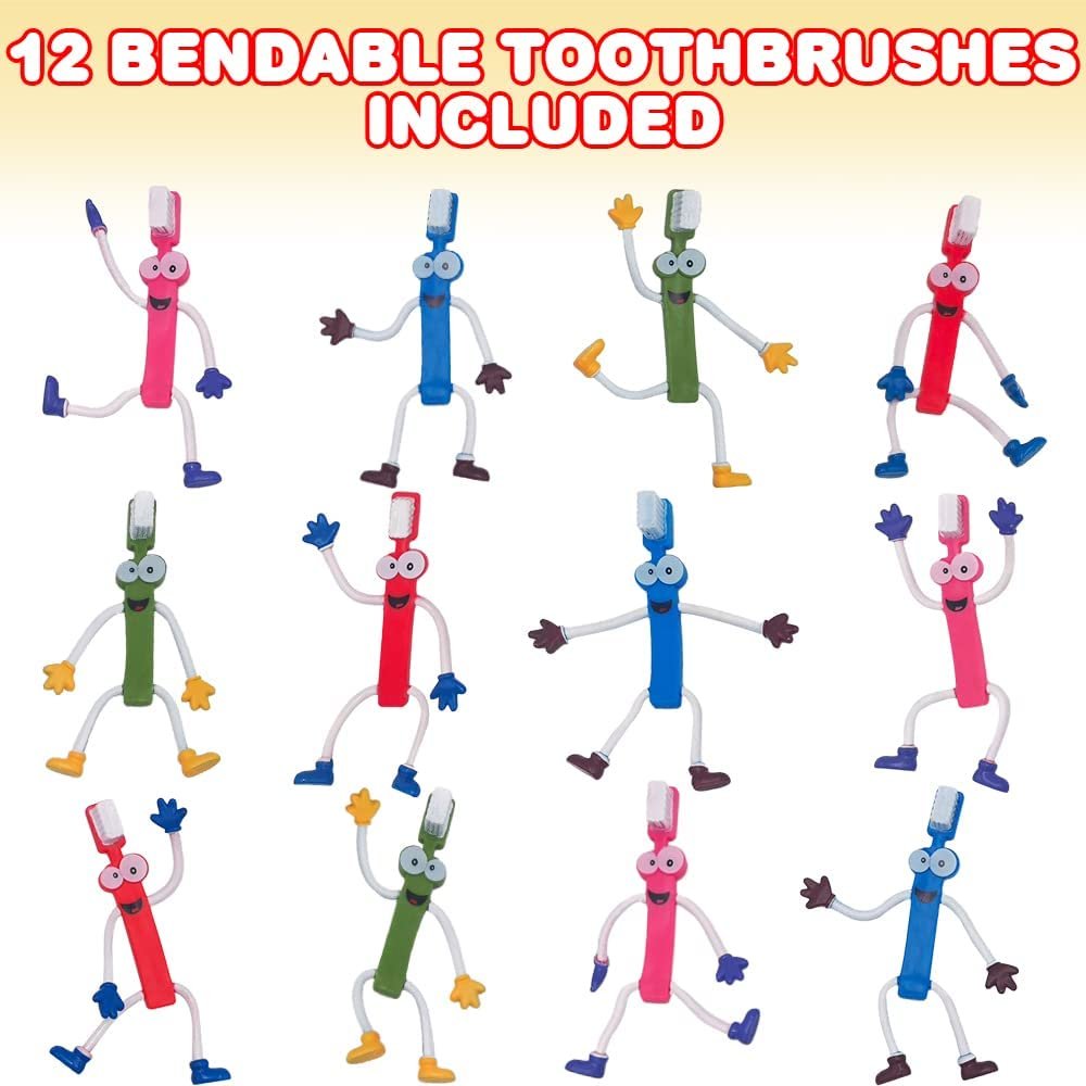 ArtCreativity Bendable Toothbrush Figures, Set of 12, Bendable Toys for Kids, Party Favors for Boys & Girls, Stress Relief Fidget Toys for Kids and Adults, Dentist Office Giveaways, and Pinata Fillers
