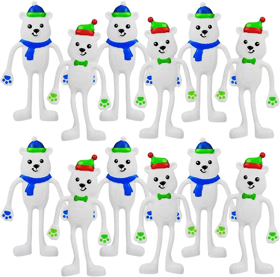 Polar Bear Bendable Toys, Set of 12 Flexible Holiday Characters, Stress Relief Fidget Toys for Kids, Christmas Party Favors, Goodie Bag Fillers, Holiday Stocking Stuffers