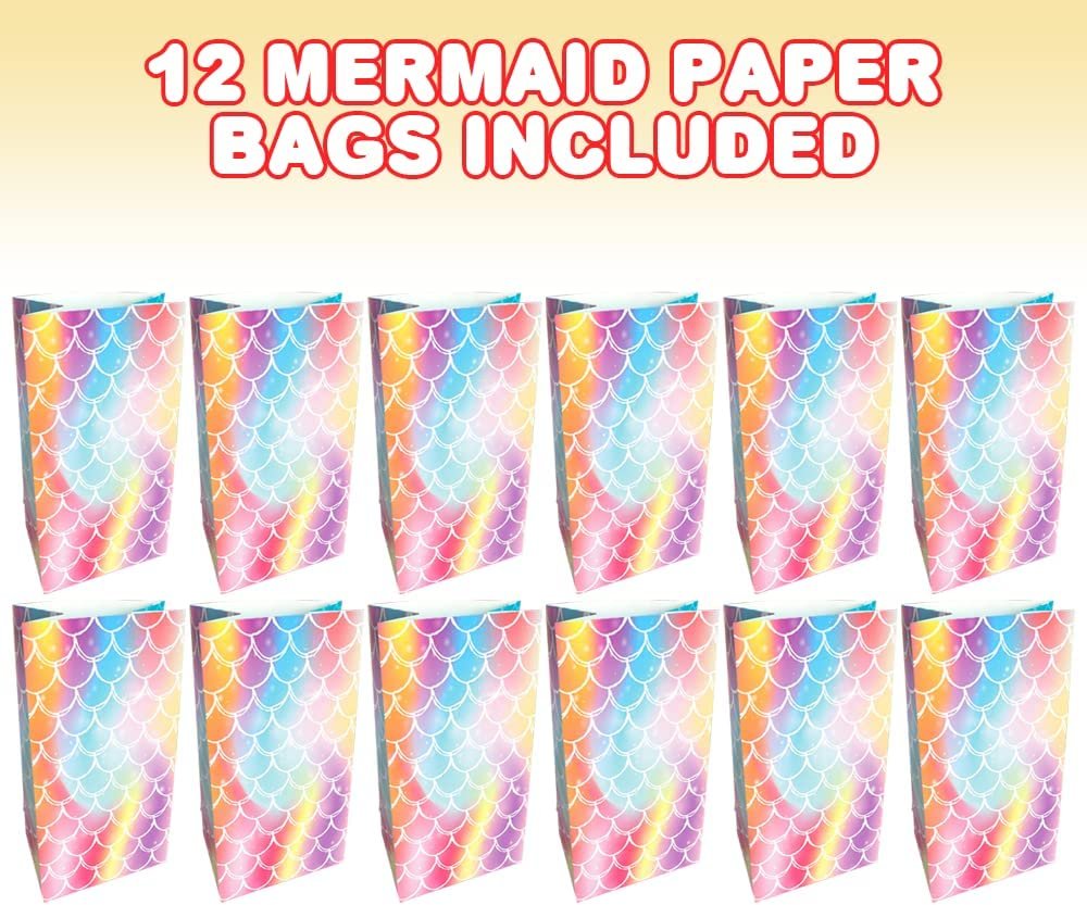 Mermaid Scale Party Favor Bags, Pack of 12, Mermaid Themed Goodie Gift Paper Bags, Durable Treat Bags, Underwater Party Supplies and Favors for Birthday, Baby Shower, Holiday Goodies