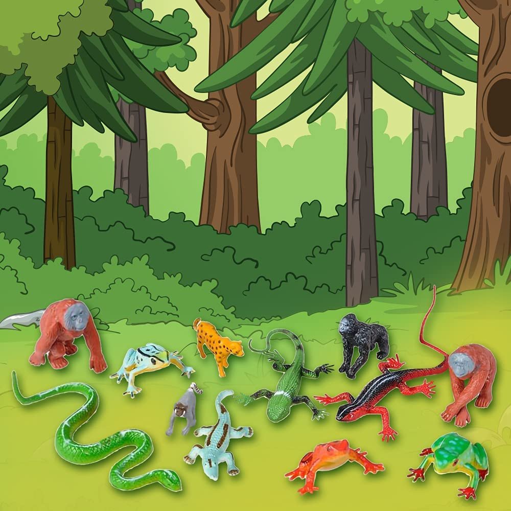 Jungle Playset in Carry Bag, Set of 12, Assorted Small Animal Figures, Sturdy Plastic Toys, Fun Jungle Theme Birthday Party Favors, Great Gift Idea for Boys and Girls