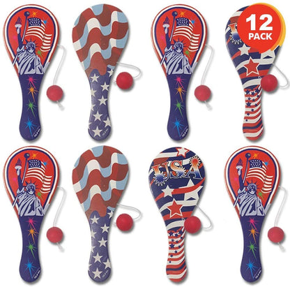 ArtCreativity Assorted Patriotic Paddle Balls, Set of 12, American Flag Paddleball with String, July 4th Party Favors for Kids, Fun Activity Toys for Memorial, Veterans, and Independence Day