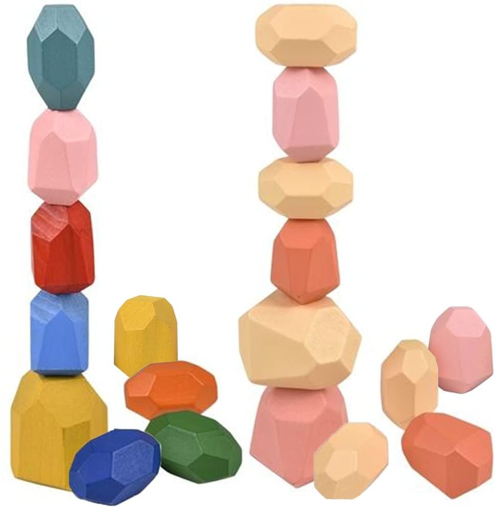 Gamie Wooden Balancing Stones, Set of 10, Colorful Wooden Stacking Toys for Kids, Teach Patience, Hand Eye Coordination, Colors, and Shapes with Wood Stacking Rocks