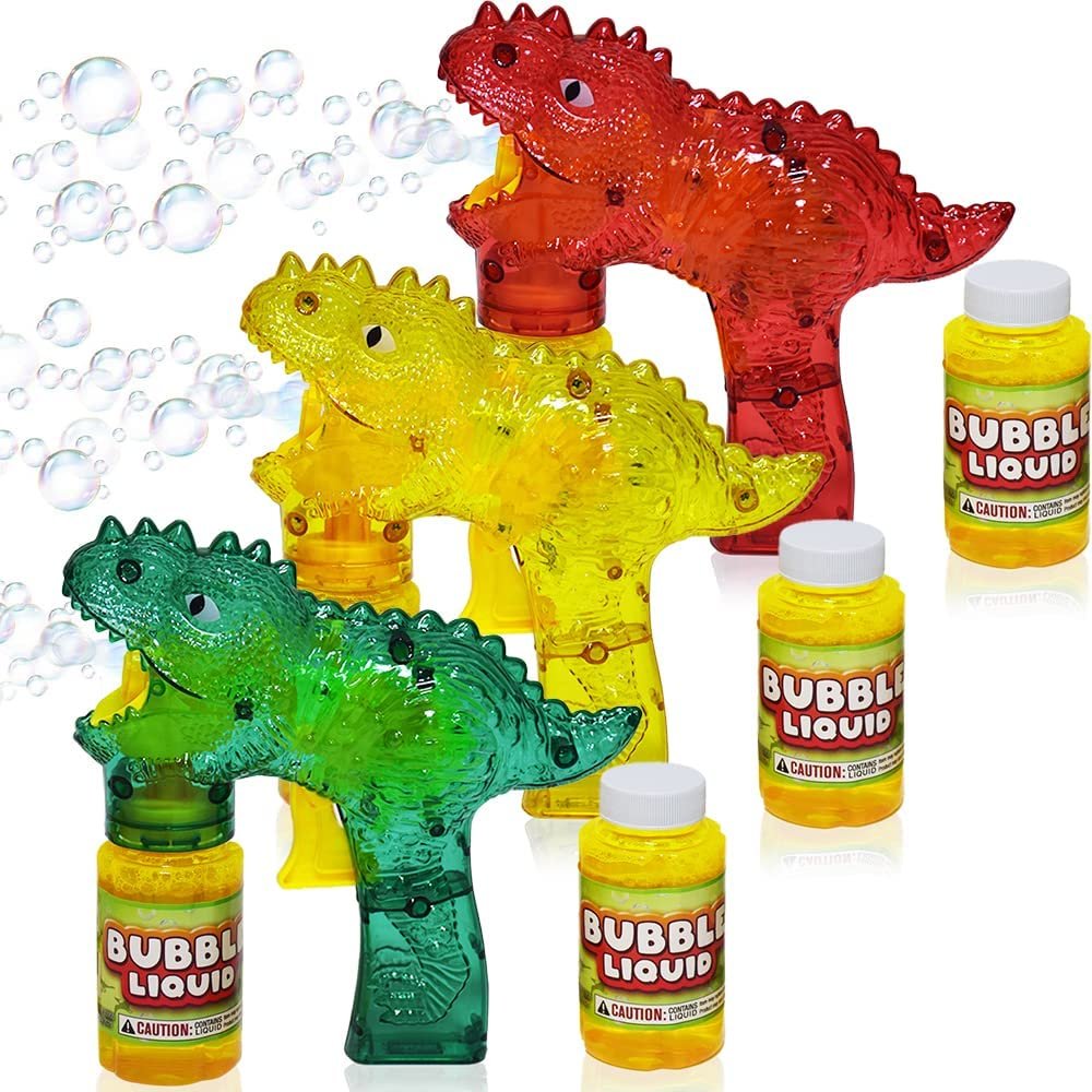 Bubbland Dinosaur Friction Powered LED Bubble Blasters for Kids, 3 Light Up Bubble Guns and 6 Bottles of Bubble Fluid, Bubble Blowing Toys for Indoor and Outdoor Fun, No Batteries Needed