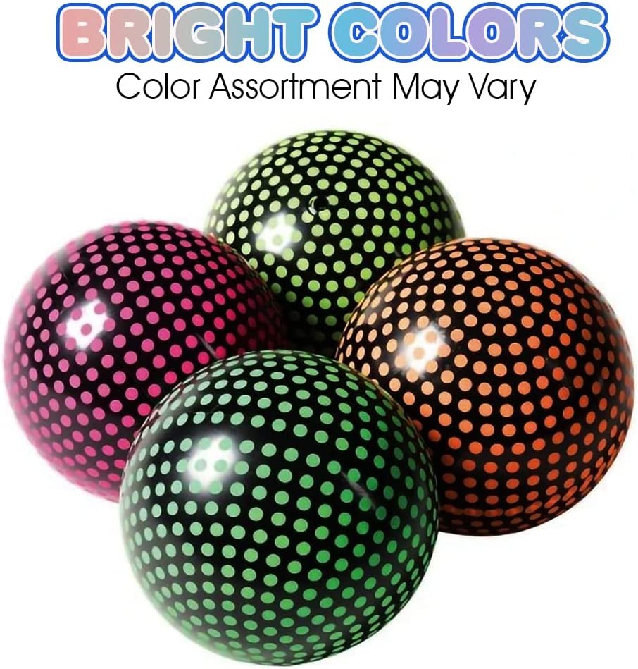 Neon Polka Dot Balls, Set of 4, Bouncy 5” PVC Balls, Spots on Ball Glow Under Black Light, Park and Beach Outdoor Fun, Durable Outside Play Toys for Boys and Girls