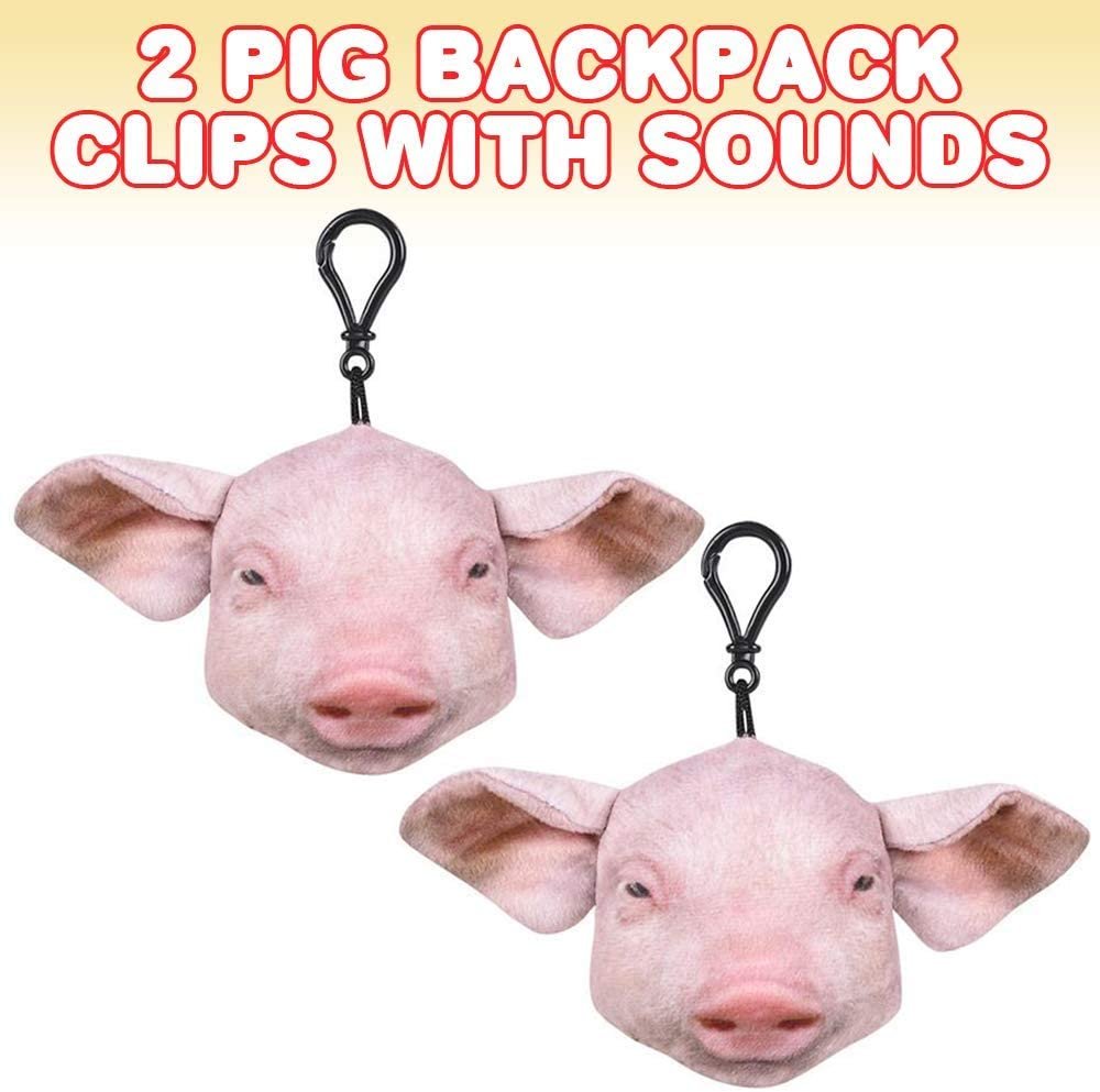 Pig Backpack Clips with Oinking Sound, Set of 2, Fun Bag Accessories for Kids, Unique Back to School Supplies, Barnyard Birthday Party Favors for Boys and Girls
