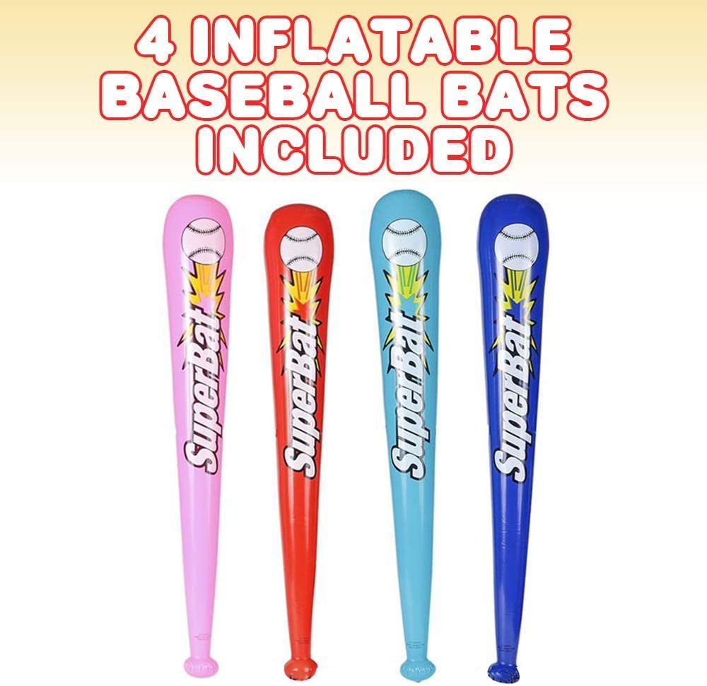 Inflatable Baseball Bats for Kids, Set of 4, 40" Durable Inflates in Assorted Colors, Cool Sports Birthday Party Favors, Decorations, and Supplies, Carnival Party Prizes