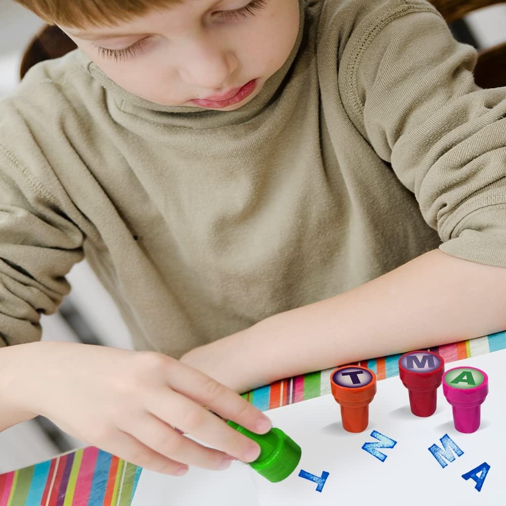 Alphabet Stampers for Kids, Set of 26, Self-Inking Stamps with Blue Ink, Alphabet Learning Toys with Brightly Colored Cases, Arts and Crafts Supplies for Boys and Girls, Great Gift Idea