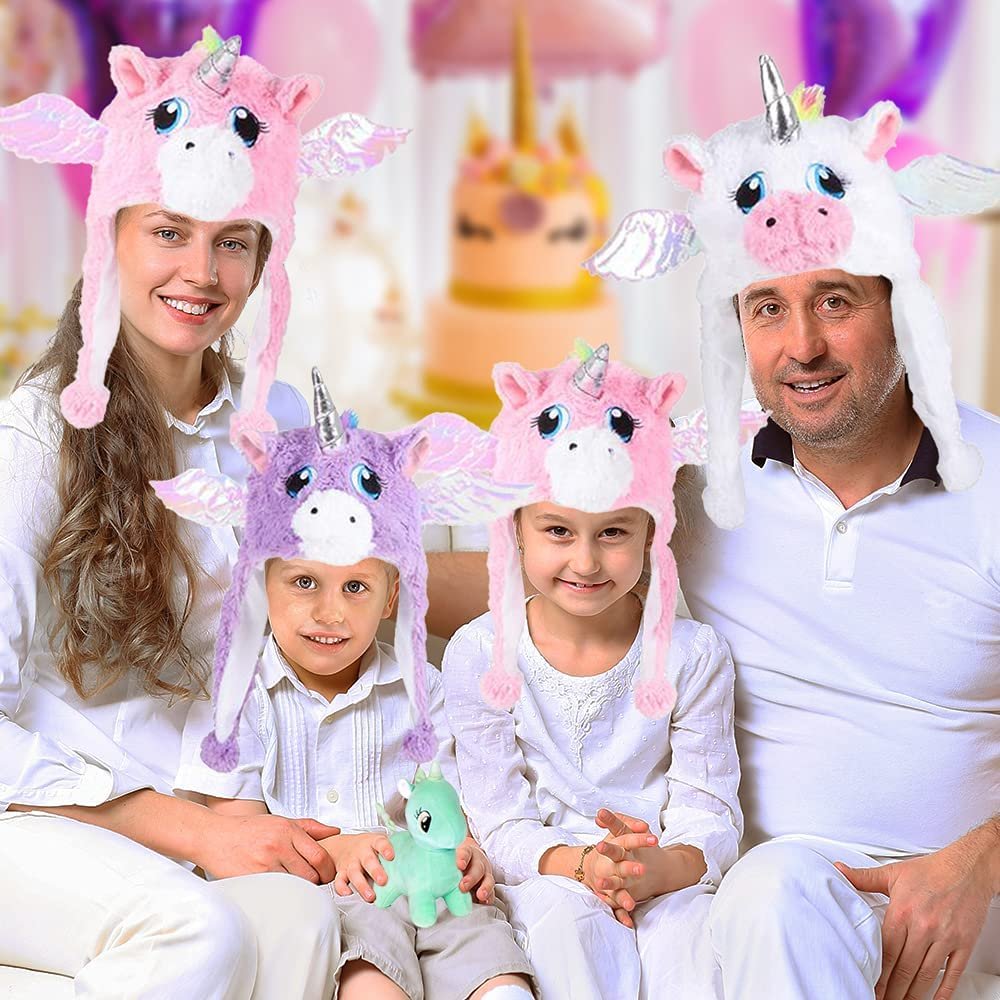 Unicorn Plush Hats for Kids and Adults, Set of 3, Hats with Horns and Wings, Cute Unicorn Costume Accessories for Girls and Boys, Unicorn Party Supplies, Party Photo Booth Props