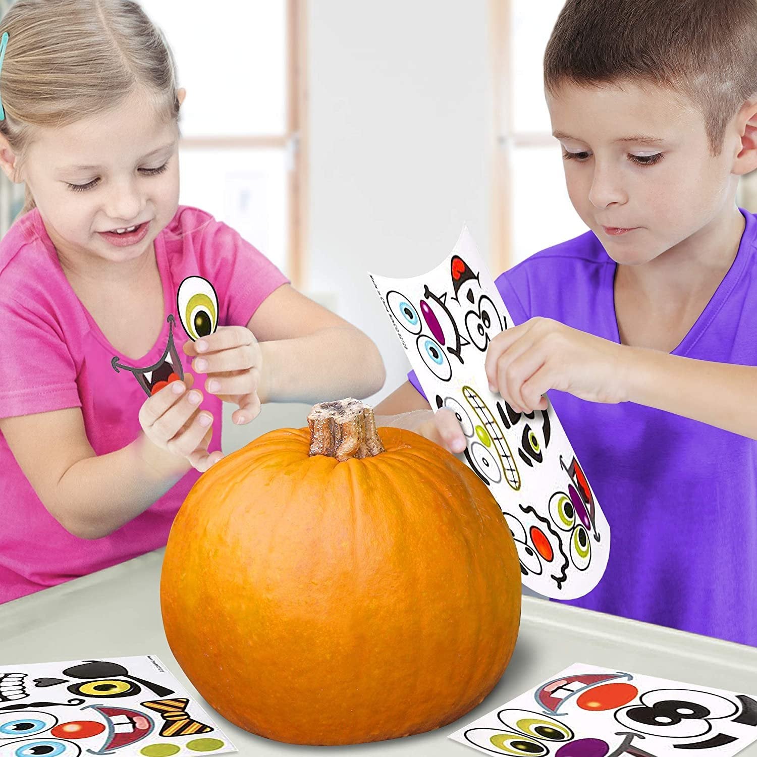 Halloween Pumpkin Decorating Stickers - 24 Large Sheets - Jack-o-Lantern Decoration Kit - 52 Total Face Stickers - Cute Halloween Decor Idea - Treats, Gifts, and Crafts for Kids- 6" x 9"