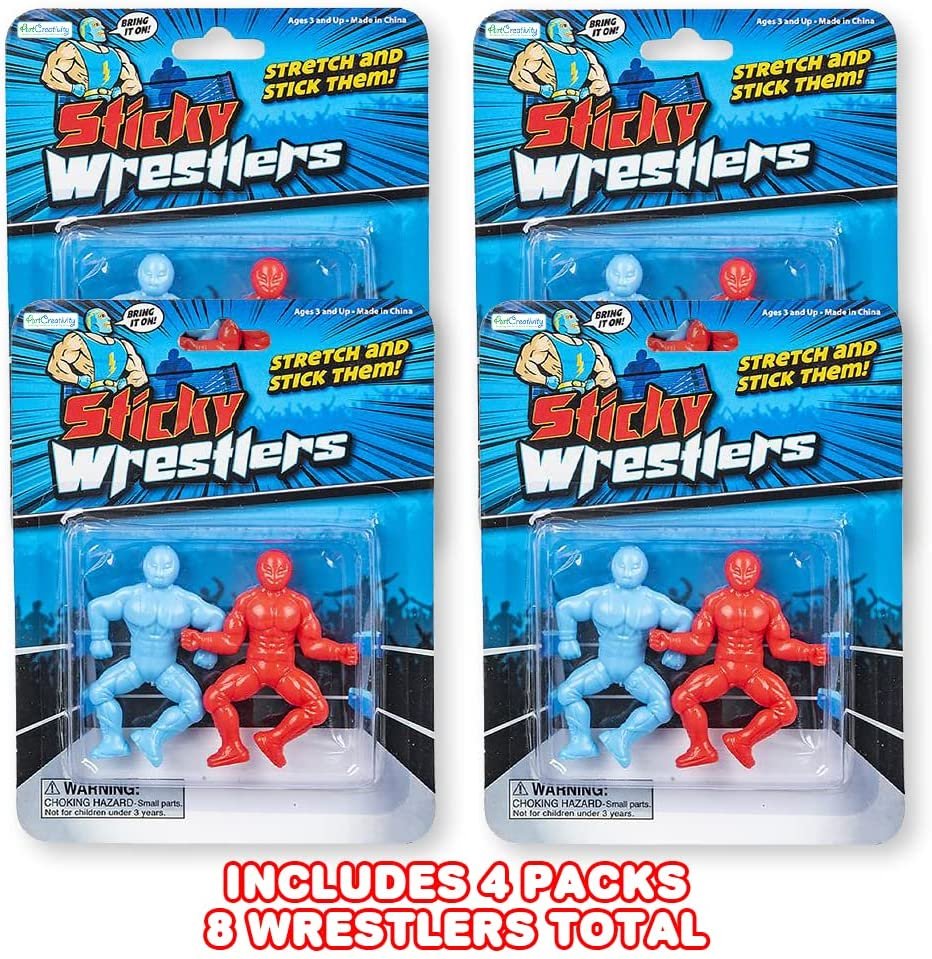 Sticky Wrestlers for Kids, 4 Sets with 2 Toys Each, Stretchy Fidget Toys for Kids, Wrestling Stress Relief Toys for Boys and Girls, Unique Party Favors for Kids, Red and Blue