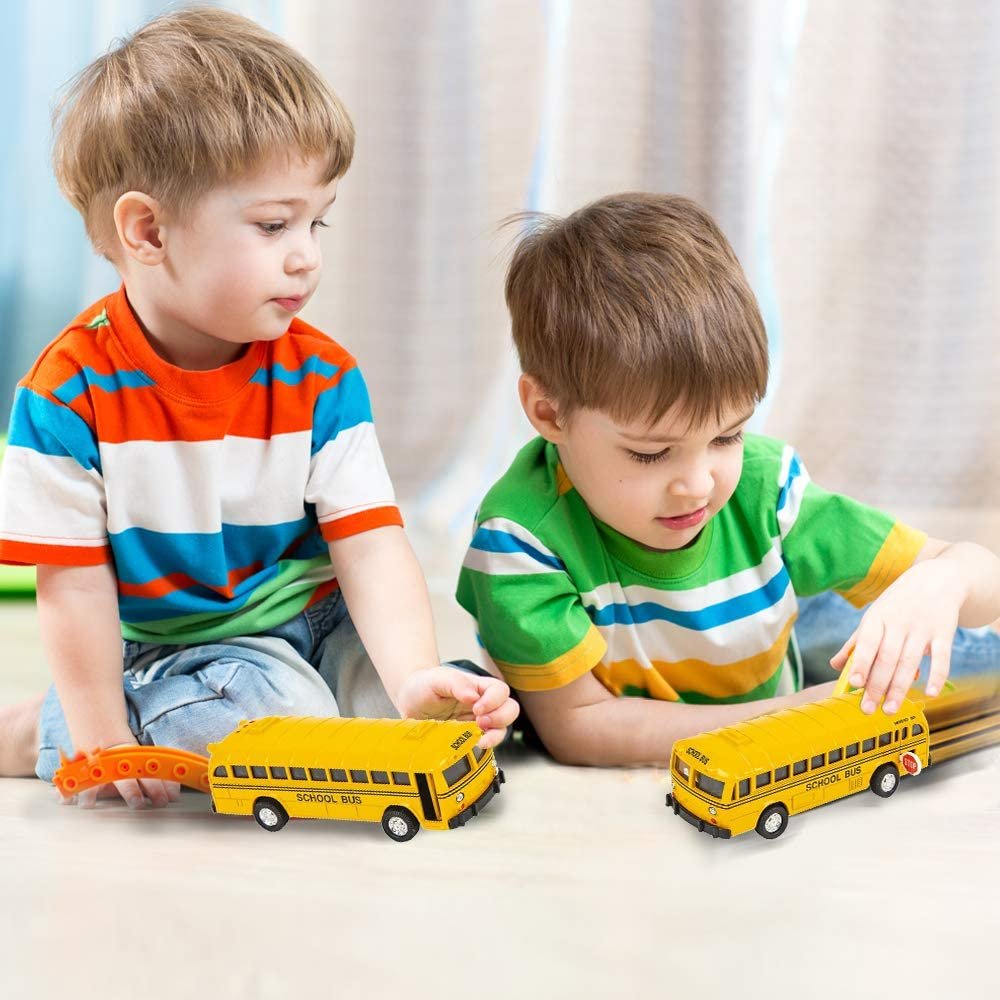 5" Pull Back School Bus Playset, Set of 2 Classic School Buses, Diecast Bus Toy Set with Pull Back Mechanisms, Great Party Favors, Gift Idea for Boys and Girls