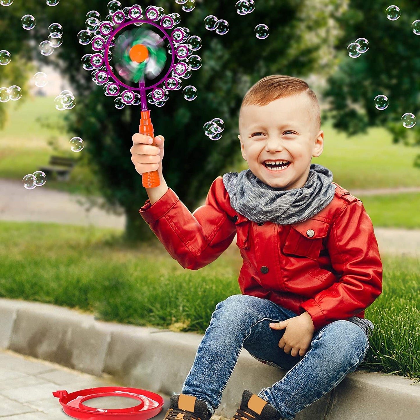 ArtCreativity Windmill Bubble Wand, 15.5 Inch Bubble Blower and Pinwheel Spinner for Kids with Solution in Handle, Outdoor Activity for Summer and Backyard Fun, Best Gift for Boys and Girls