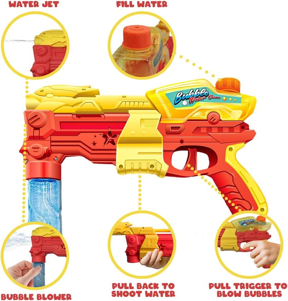ArtCreativity 2 in 1 Water and Bubble Gun, Dual-Function Water Squirt Gun with Bubble Fluid, Friction Powered Bubble Machine Gun, Summer Toys for Kids, Great Gift for Boys and Girls
