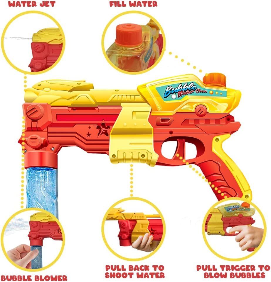 2 in 1 Water and Bubble Gun, Dual-Function Water Squirt Gun with Bubble Fluid, Friction Powered Bubble Machine Gun, Summer Toys for Kids, Great Gift for Boys and Girls