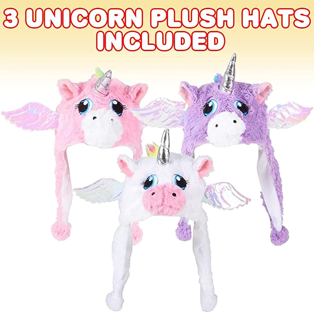 Unicorn Plush Hats for Kids and Adults, Set of 3, Hats with Horns and Wings, Cute Unicorn Costume Accessories for Girls and Boys, Unicorn Party Supplies, Party Photo Booth Props