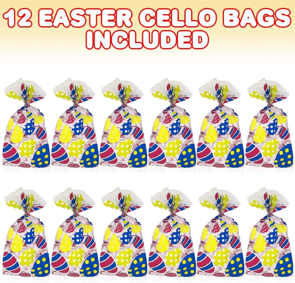 Easter Cellophane Treat Bags, Set of 12, Easter Cello Bags with Twist Ties and Egg Themed Designs, Easter Goodie Bags for Holding Candy, Toys, Gifts, and More, 11.5 x 5.5"es