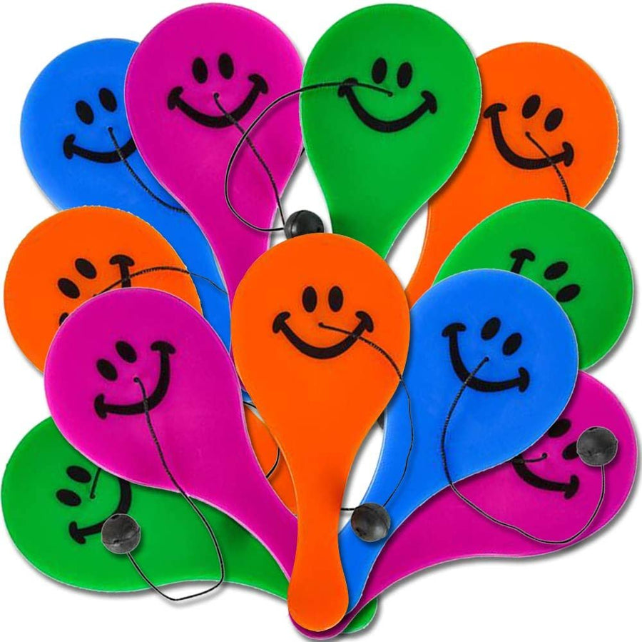 Smile Face Paddle Balls, Pack of 36, Mini 4.5" Plastic Paddleball with String, Assorted Bright Colors, Great Party Favors, Goodie Bag Fillers, Fun Activity Toys for Kids