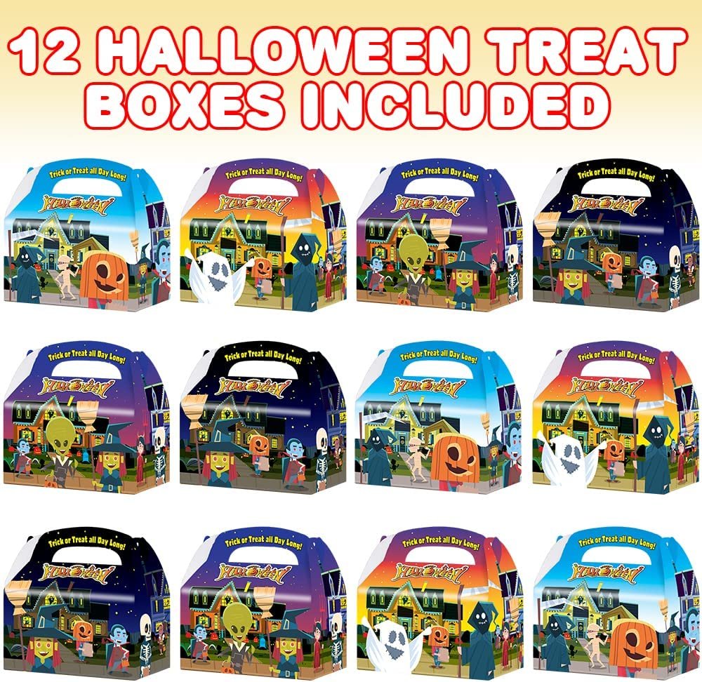 Halloween Treat Boxes, Set of 12, Cardboard Paper Halloween Candy Boxes with Carry Handles, Adorable Trick or Treat Supplies, Halloween Goodie Bags for Sweets, Toys, Gifts, and More