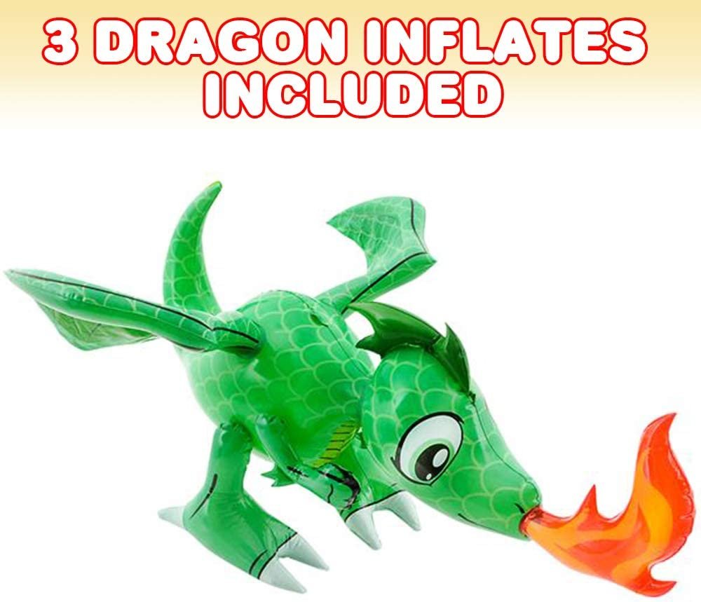 Free Standing Dragon Inflates with Red / Orange Flames, for Kids Age 3+, Set of 3 Perfect for Birthdays, Medieval Themed Party, Pool Parties, Carnival or Prize & Teachers’ Award
