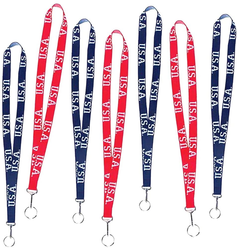 Patriotic Keychain Lanyards, Set of 12, 4th of July Party Favors, Red and Blue Lanyards with Key Ring and Metal Clip, Fun Accessories and Gifts for Patriotic Holidays and Events