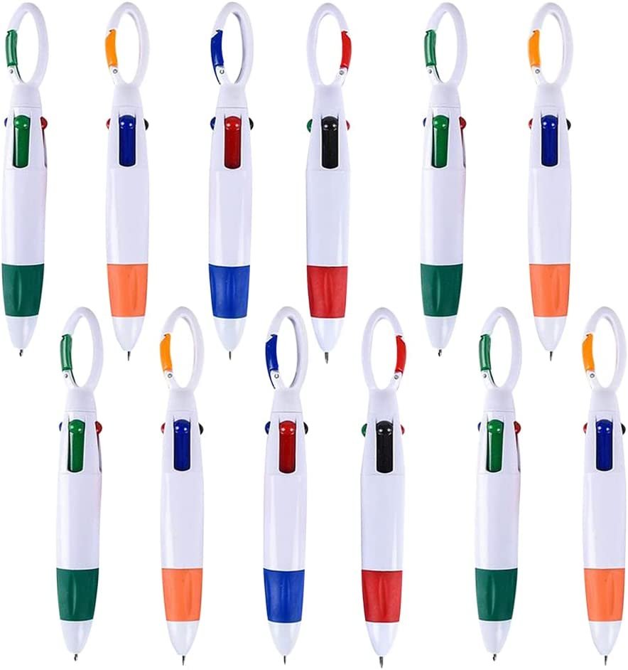 4-in-1 Multicolor Retractable Pen with a Cool Carabiner Hook - Pack of 12-4 Color Ball Point Shuttle Pens for Kids - Stationery Supplies, Birthday Party Favors for Boys and Girls