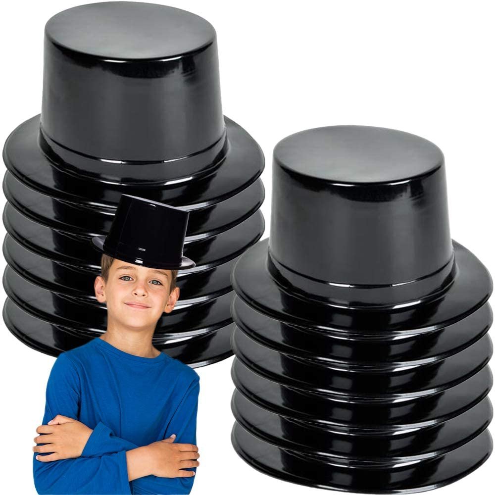 Black Plastic Top Hats for Kids and Adults, Set of 12, Fun Halloween Costume Accessories, Magic Birthday Party Favors, Snowman Hats, Unique Arts and Crafts Supplies for Children