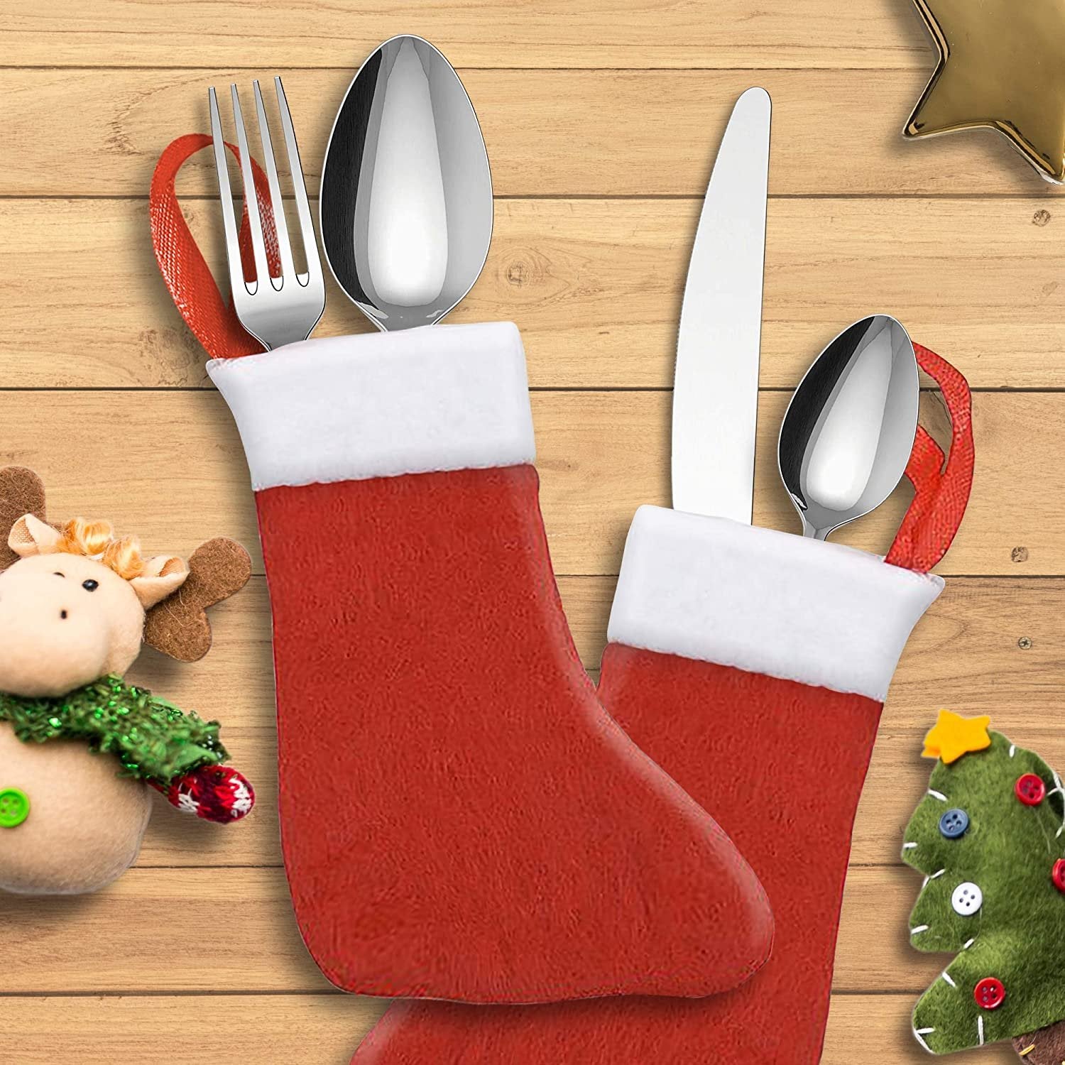 Mini Christmas Stockings with Hanging Loops, Set of 12, Red and White Christmas Décor, Felt Stockings for Holding Gifts, Xmas Tree Decorations, Cute Dining Silverware Holders