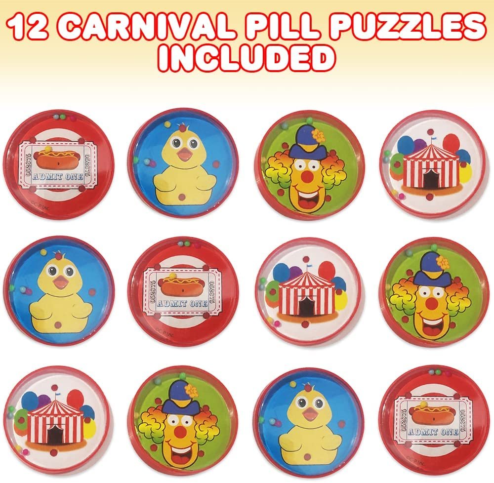 Carnival Circus Theme Pill Puzzles, Set of 12, Balance Ball Puzzles in Assorted Designs, Great as Birthday Party Favors, Carnival Prizes for Kids, Goodie Bag Fillers, & Stocking Stuffers