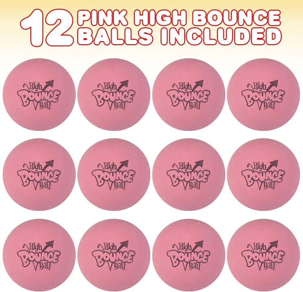 Pink Rubber High Bounce Balls for Kids, Set of 12, Bouncing Balls with Extra High Bounce, Birthday Party Favors, Goodie Bag Fillers for Boys and Girls