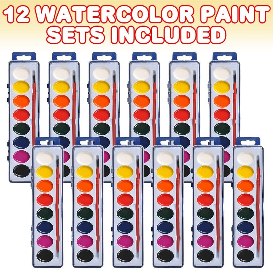 Watercolor Paint Set for Kids, Set of 12, 8-Colors Painting Kit with Brush, Watercolor Painting Supplies for Boys and Girls, Art Party Favors, Classroom Prizes, and Stocking Stuffers