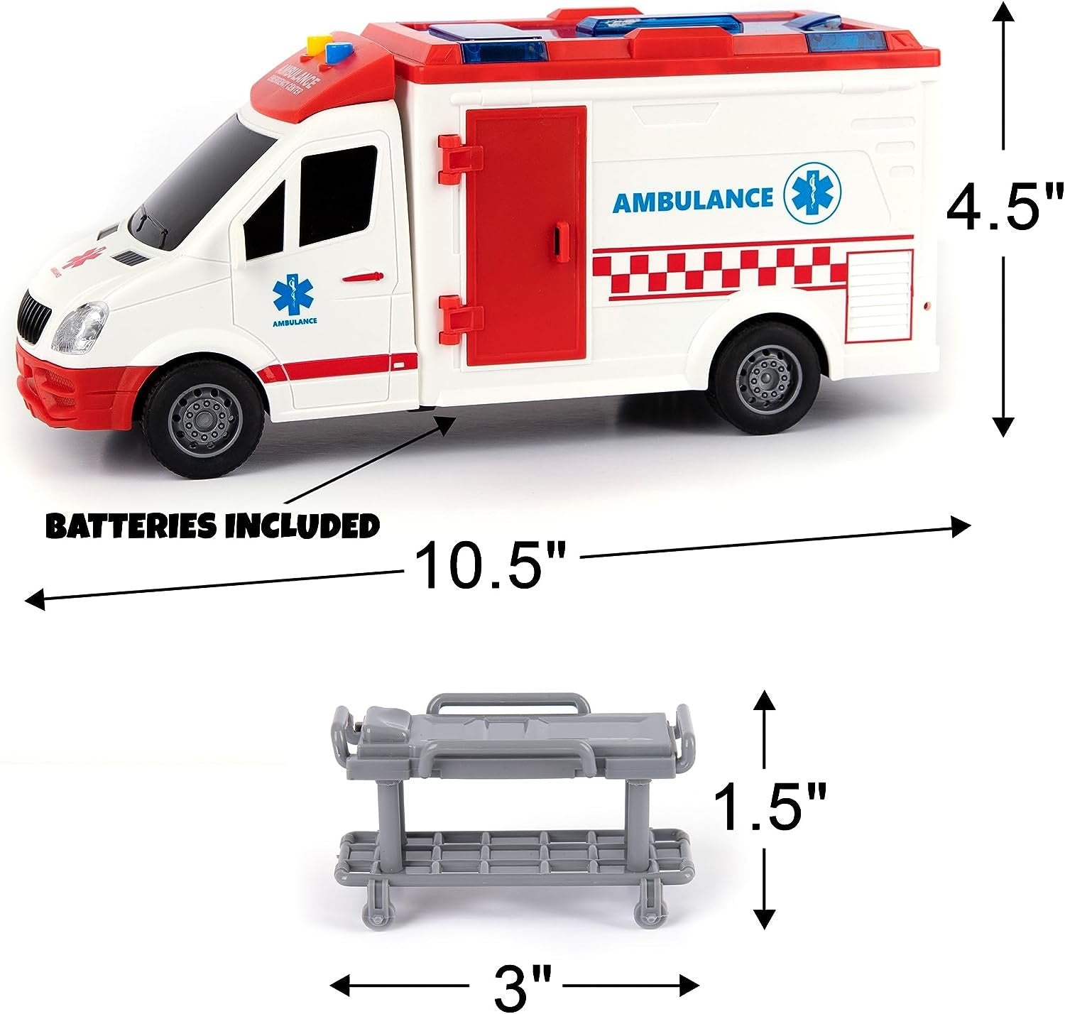 Ambulance Toy Truck for Kids 3,4,5,6,7,8, Lights & Siren, Friction-Powered 1/16 Scale Rescue Toy Ambulance, Emergency Vehicle Toys with Removable Stretcher, Doors Open for Immersive Imagination